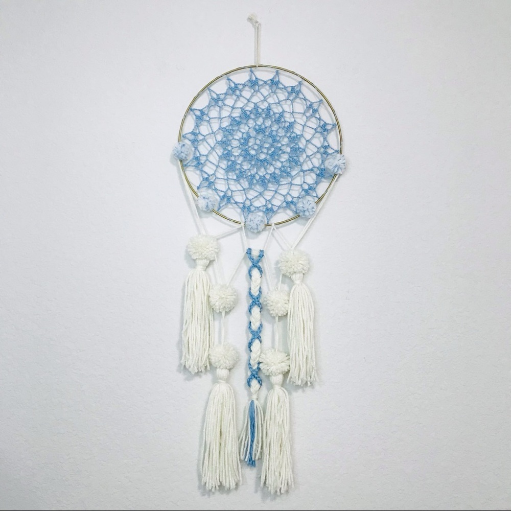 New! Bohemian Crochet Handmade Cream Baby Blue Dreamcatcher Gift Wall Decor